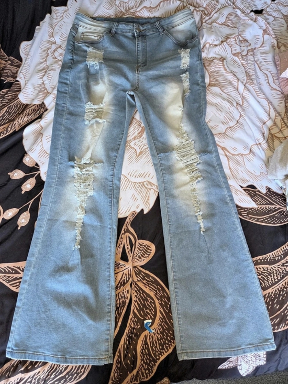 Light Wash Ripped Distressed Flare Bell Bottom Jeans XL